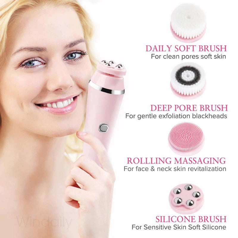 4-in-1 Electric Facial Cleansing Brush – Waterproof Sonic Exfoliator